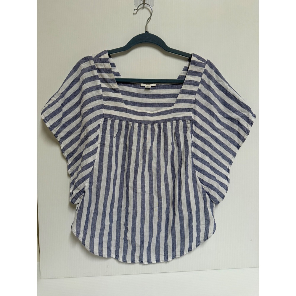 Beachlunchlounge Striped Square Neck Linen Blend Blouse Blue White Medium